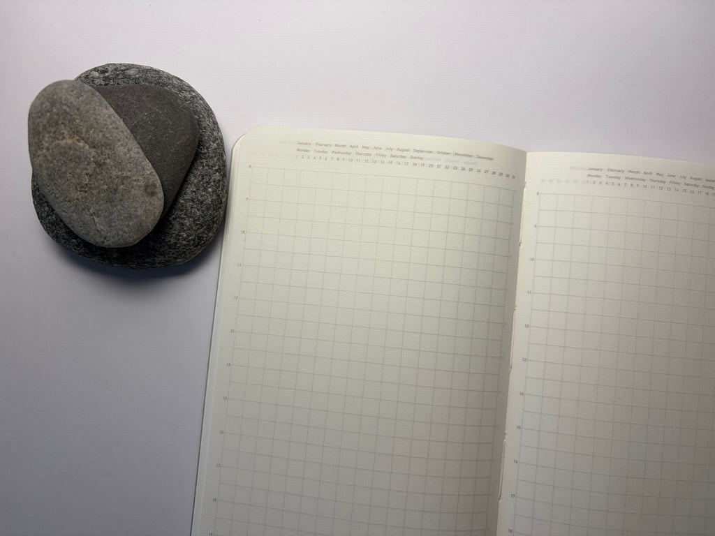 Stalogy 1/2 Year Notebook A6 Slim, aufgeschlagen mit Karoraster